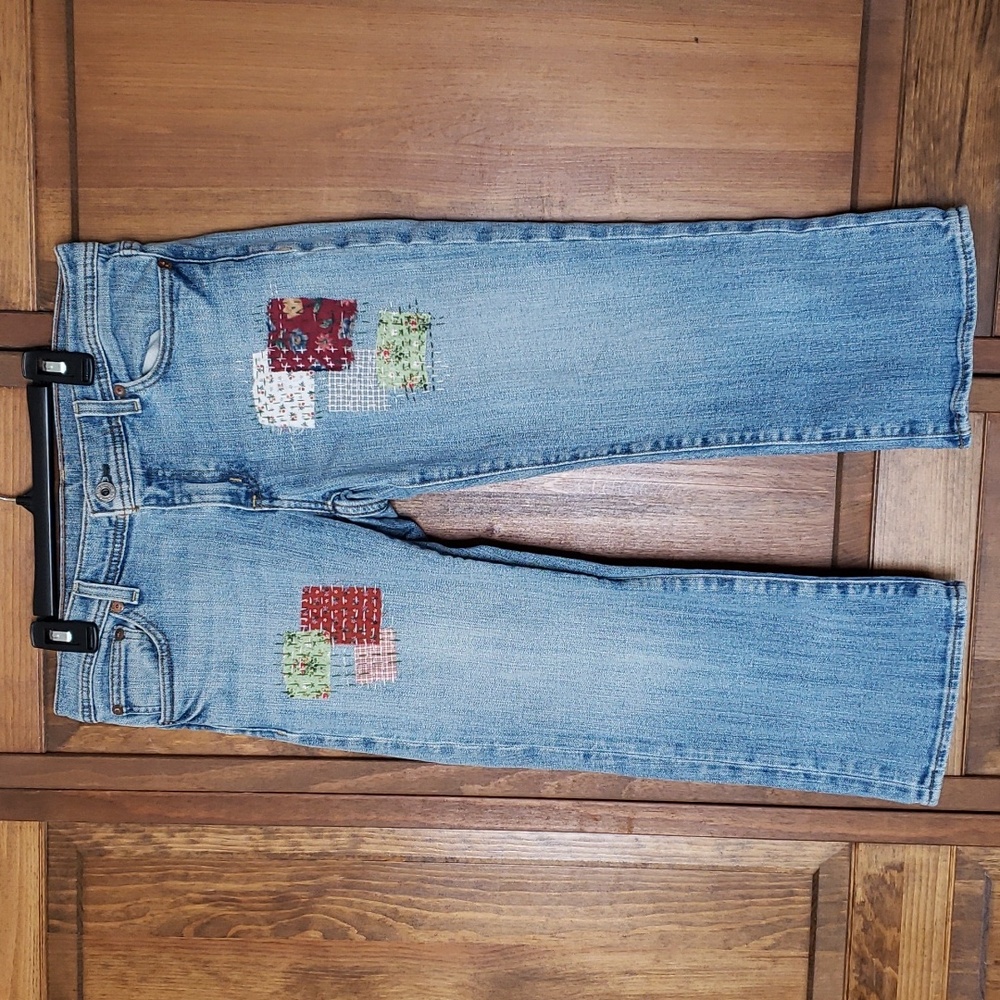 Upcycled Sashiko Japanese Boro Style Embellished Stretch Cropped Denim Jeans